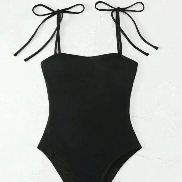 Black Vacation Style Women's Swim Summer Beach Solid Color One-Piece Swimsuit - Picture 2 of 5